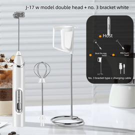 Rechargeable Electric Milk Frother with Metal Stand - Handheld Foam Maker & Egg Beater Set - 3 Speed Mixer with 2 Stainless Steel Whisks for Flat Whites, Lattes & Baking (White) - RnR Galore