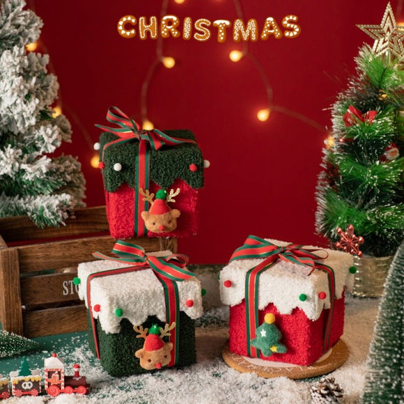Red and Green Luxe Plush Christmas Gift Box - Decorative Holiday Treat Box with Snowy Trim - RnR Galore