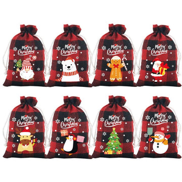 Red checkered Christmas Gift Drawstring Bags Set - Festive Burlap Style Pouches for Candy & Apples - Holiday Decoration - 10 Pcs - RnR Galore