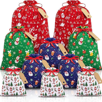 Red checkered Christmas Gift Drawstring Bags Set - Festive Burlap Style Pouches for Candy & Apples - Holiday Decoration - 10 Pcs - RnR Galore