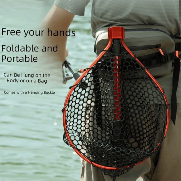 Red High Strength Large Landing Net - Fishing Net with Foldable Handle and Soft Rubber Netting, Dip Net for Fishing, Ideal for Boat, Pier, River Angling - RnR Galore