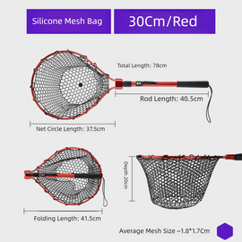 Red High Strength Large Landing Net - Fishing Net with Foldable Handle and Soft Rubber Netting, Dip Net for Fishing, Ideal for Boat, Pier, River Angling - RnR Galore