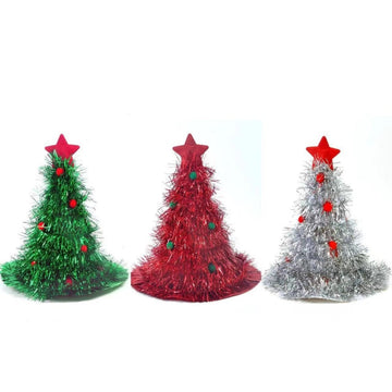 Red Sparkly Tinsel Christmas Tree Hat - Festive Holiday Party Headwear for Adults & Kids - RnR Galore