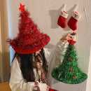 Red Sparkly Tinsel Christmas Tree Hat - Festive Holiday Party Headwear for Adults & Kids - RnR Galore