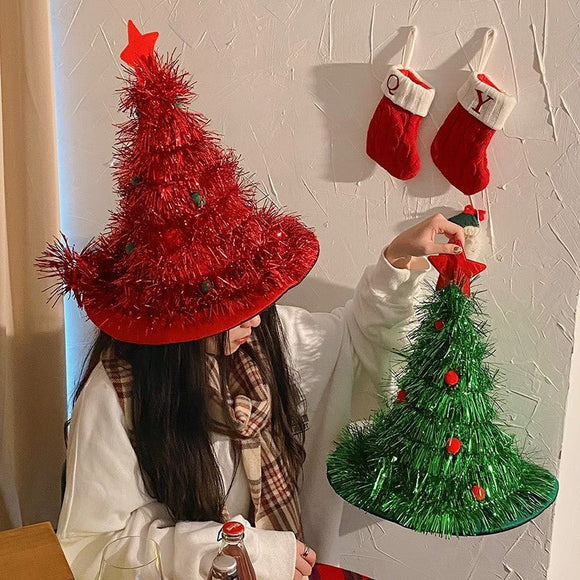 Red Sparkly Tinsel Christmas Tree Hat - Festive Holiday Party Headwear for Adults & Kids - RnR Galore