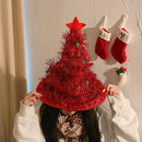 Red Sparkly Tinsel Christmas Tree Hat - Festive Holiday Party Headwear for Adults & Kids - RnR Galore