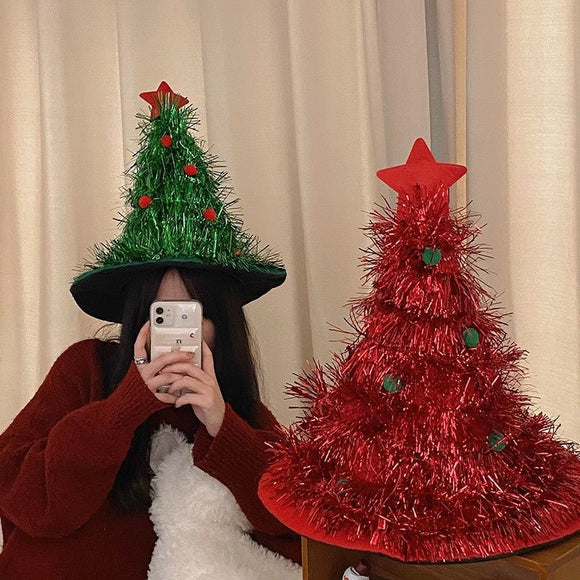 Red Sparkly Tinsel Christmas Tree Hat - Festive Holiday Party Headwear for Adults & Kids - RnR Galore
