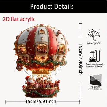 Red Whimsical Santa's Hot Air Balloon Ornament - 2D Flat Acrylic Hanging Decoration for Wall & Tree - RnR Galore