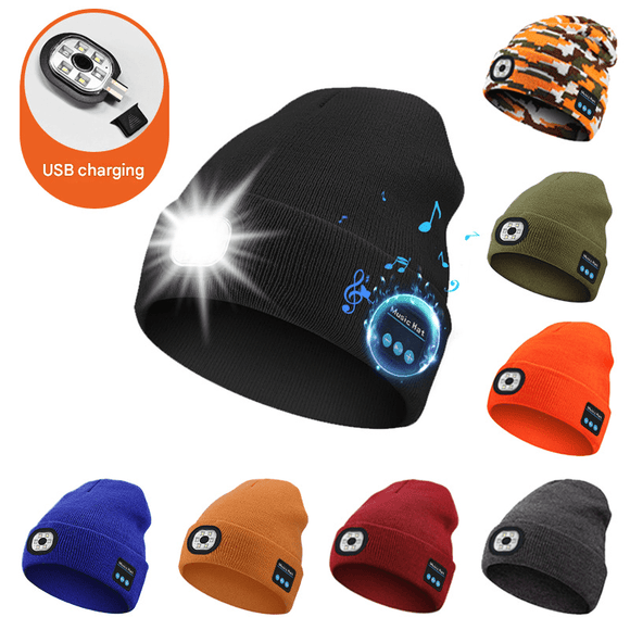 Red Wireless Bluetooth Beanie Hat with USB Rechargeable LED Headlight - Unisex Knit Cap for Running & Camping - RnR Galore