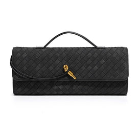 Retro Woven Baguette Handbag for Women Suede Texture PU Leather Shoulder Crossbody Bag Elegant Evening Clutch Black - RnR Galore