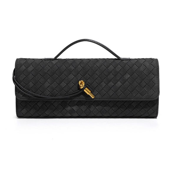 Retro Woven Baguette Handbag for Women Suede Texture PU Leather Shoulder Crossbody Bag Elegant Evening Clutch Black - RnR Galore