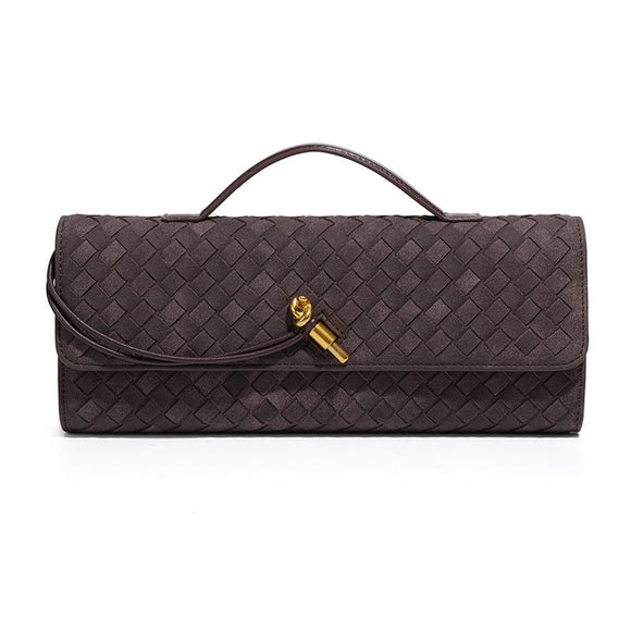 Retro Woven Baguette Handbag for Women Suede Texture PU Leather Shoulder Crossbody Bag Elegant Evening Clutch Coffee Brown - RnR Galore