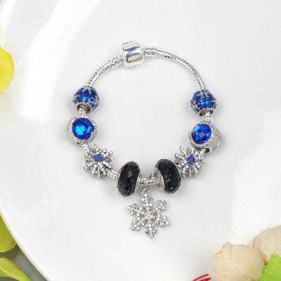 Rhinestone Blue Cat’s Eye Starry Glaze Beads Bracelet with Snowflake Pendant(18cm) - RnR Galore