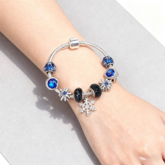 Rhinestone Blue Cat’s Eye Starry Glaze Beads Bracelet with Snowflake Pendant(20cm) - RnR Galore