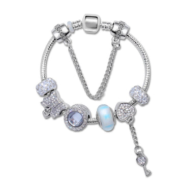 Rhinestone Cat's Eye Glass Bead Charm Bracelet - Heart Lock Pendant(17cm) - RnR Galore