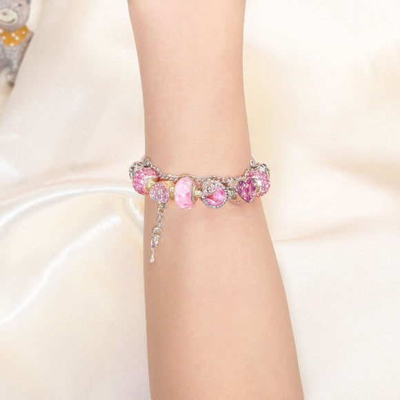 Rhinestone Heart & Bead Alloy Plated Bracelet with Happy Lock Pendant(16cm) - RnR Galore