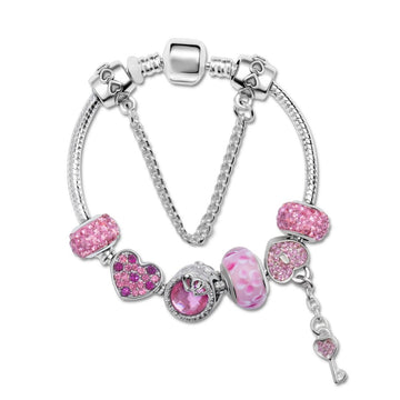 Rhinestone Heart & Bead Alloy Plated Bracelet with Happy Lock Pendant(18cm) - RnR Galore