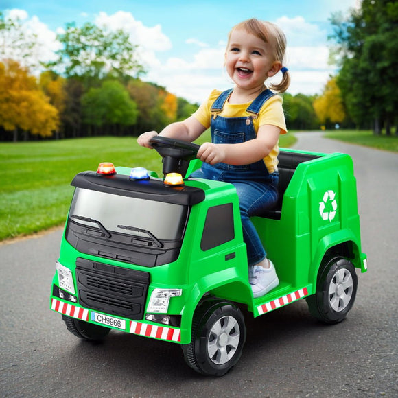 Rigo Kids Ride On Car Garbage Truck Police Light 12V Electric Toys Cars Green - RnR Galore