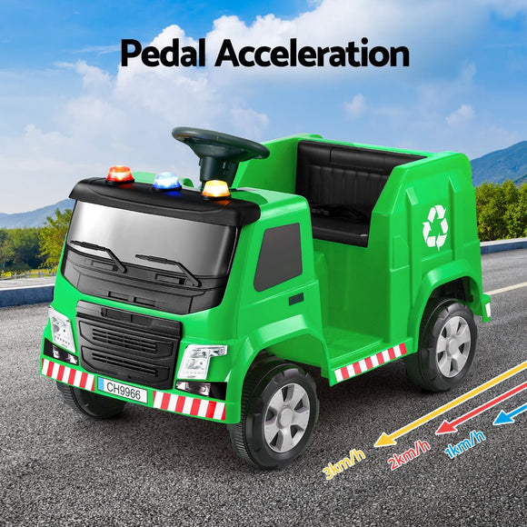 Rigo Kids Ride On Car Garbage Truck Police Light 12V Electric Toys Cars Green - RnR Galore