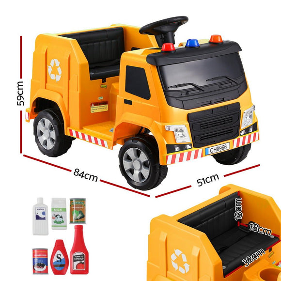 Rigo Kids Ride On Car Garbage Truck Police Light 12V Electric Toys Cars Yellow - RnR Galore