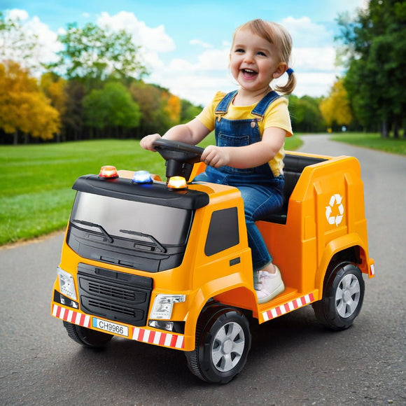 Rigo Kids Ride On Car Garbage Truck Police Light 12V Electric Toys Cars Yellow - RnR Galore