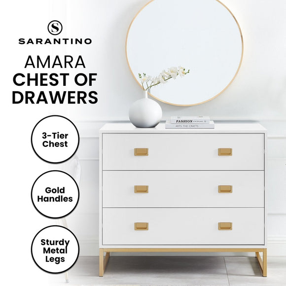Sarantino Amara Chest of Drawers Tallboy Dresser in White/Gold - RnR Galore