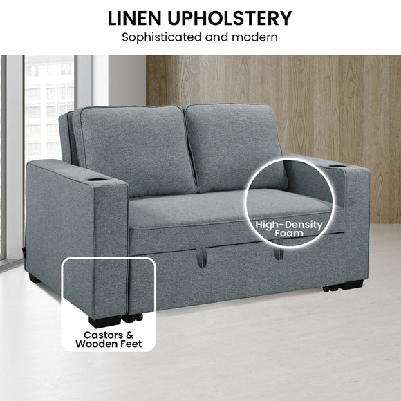 Sarantino Hoffman Linen Sofa Bed with Cushions & Cup Holders Airforce Blue - RnR Galore