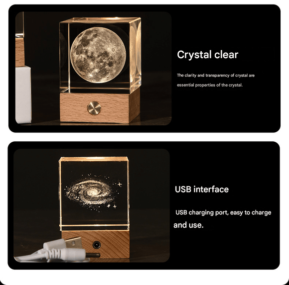 Saturn Luminous 3D Crystal Cube Night Light - Laser Engraved Artwork with Solid Wood Base - RnR Galore