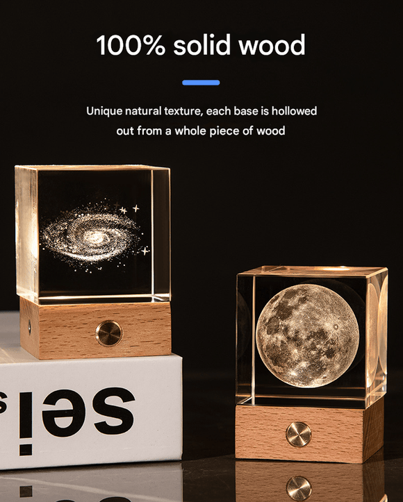 Saturn Luminous 3D Crystal Cube Night Light - Laser Engraved Artwork with Solid Wood Base - RnR Galore