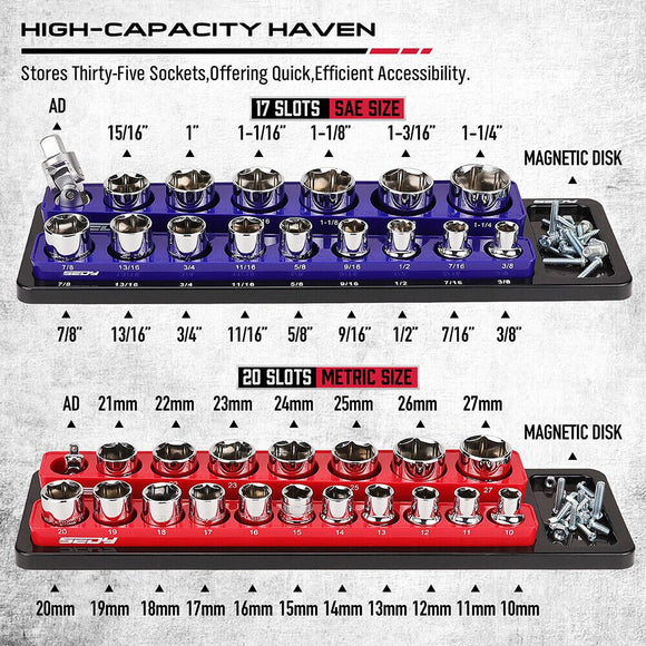 SEDY 2Pc Magnetic Socket Organizer 1/2 Drive Metric SAE Sockets Storage Holder - RnR Galore