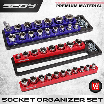 SEDY 2Pc Magnetic Socket Organizer 1/2 Drive Metric SAE Sockets Storage Holder - RnR Galore