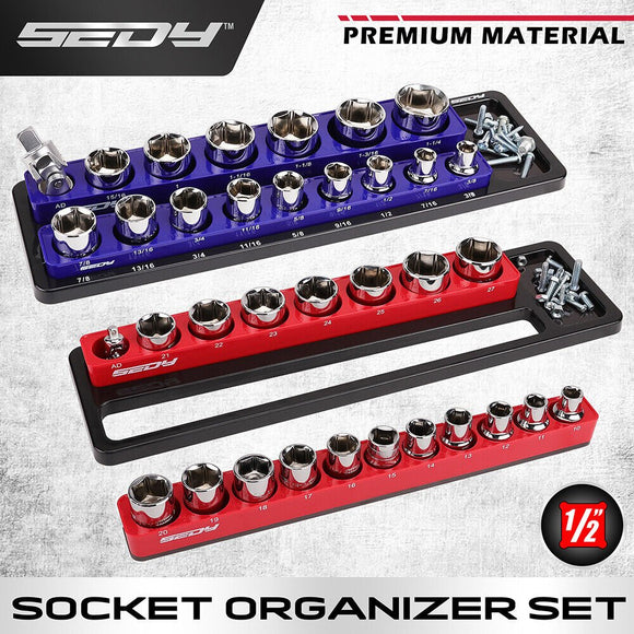 SEDY 2Pc Magnetic Socket Organizer 1/2 Drive Metric SAE Sockets Storage Holder - RnR Galore