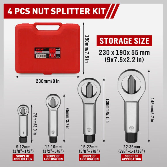 SEDY 4Pcs Metal Nut Splitter Kit Pressure Nut Cracker Remover Extractor Tool - RnR Galore