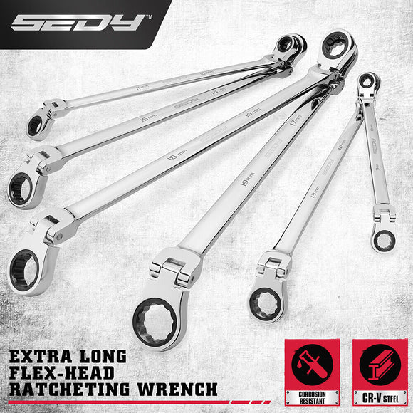 SEDY 6Pcs Extra Long Flex - Head Ratchet Spanner Set Double Box End Spanner 8 - 19mm - RnR Galore
