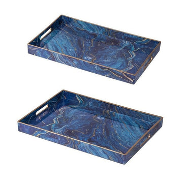Set 2 Marble Patterned Blue Rectangular Trays 48cm - RnR Galore