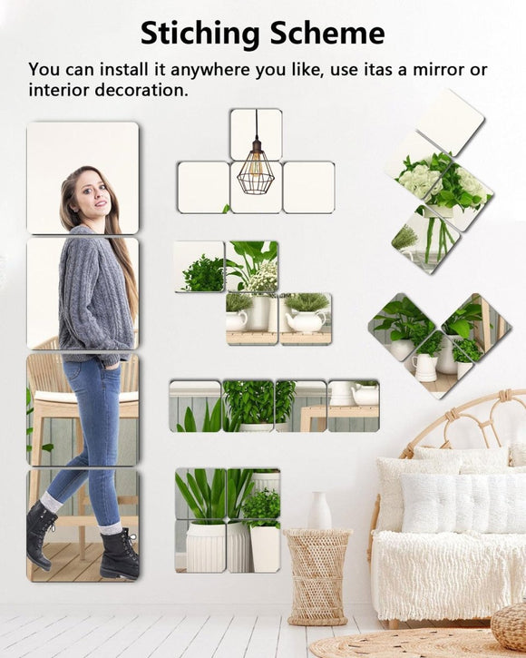 Shatterproof Acrylic Mirror Tiles – 4 - Pack Wall Stickers for Kids, Home Gym, Bedroom & Bathroom, Easy Peel - and - Stick Decorative Mirrors with Double - Sided Tape (Silver,8" x 8") - RnR Galore