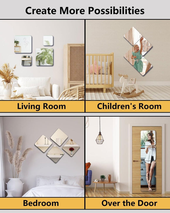Shatterproof Acrylic Mirror Tiles – 4 - Pack Wall Stickers for Kids, Home Gym, Bedroom & Bathroom, Easy Peel - and - Stick Decorative Mirrors with Double - Sided Tape (Silver,8" x 8") - RnR Galore