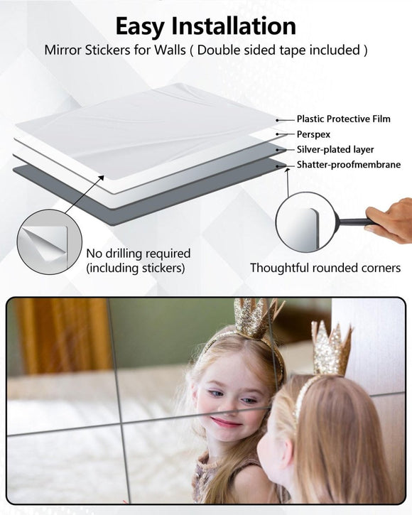 Shatterproof Acrylic Mirror Tiles – 4 - Pack Wall Stickers for Kids, Home Gym, Bedroom & Bathroom, Easy Peel - and - Stick Decorative Mirrors with Double - Sided Tape (Silver,8" x 8") - RnR Galore