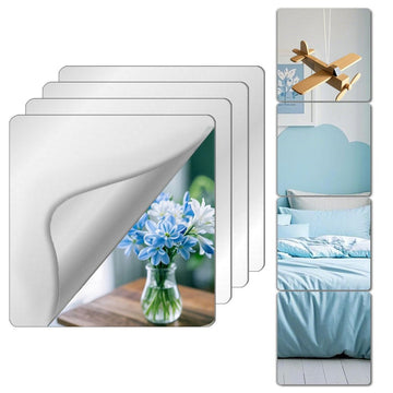 Shatterproof Acrylic Mirror Tiles – 4 - Pack Wall Stickers for Kids, Home Gym, Bedroom & Bathroom, Easy Peel - and - Stick Decorative Mirrors with Double - Sided Tape (Silver,8" x 8") - RnR Galore