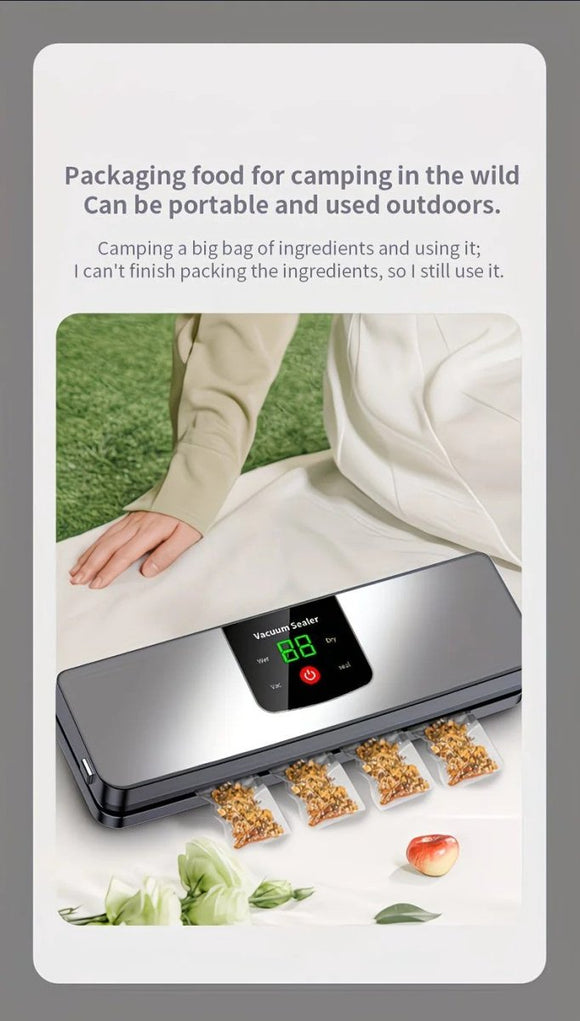 silver Rechargeable Vacuum Sealer with USB Port, designed for preserving food in both dry and wet environments, equipped with an LED screen, ideal for travel and camping. - RnR Galore