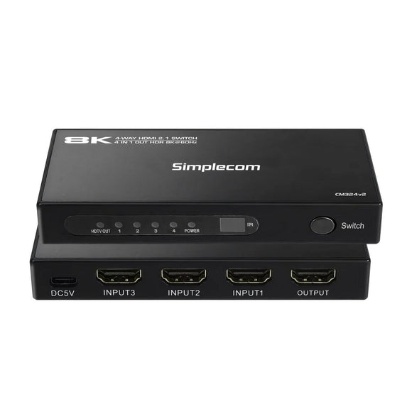 Simplecom CM324v2 4 - Port HDMI 2.1 Switch with Remote 4 IN 1 OUT Splitter HDCP 2.3 8K@60Hz - RnR Galore