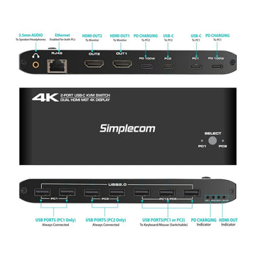 Simplecom KM590 2 - Port USB - C Dual 4K HDMI Monitor KVM Switch and Docking Station with Network Sharing - RnR Galore