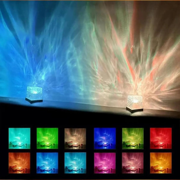 Square Dynamic Water Ripple Projector Night Light 16 RGB Colours Rechargeable LED Atmosphere Lamp with Remote Control for Bedroom and Photography - RnR Galore