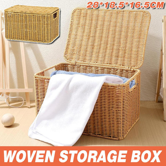 Storage Box Bedroom Organizer Faux Rattan Woven Basket with Lid Home - RnR Galore