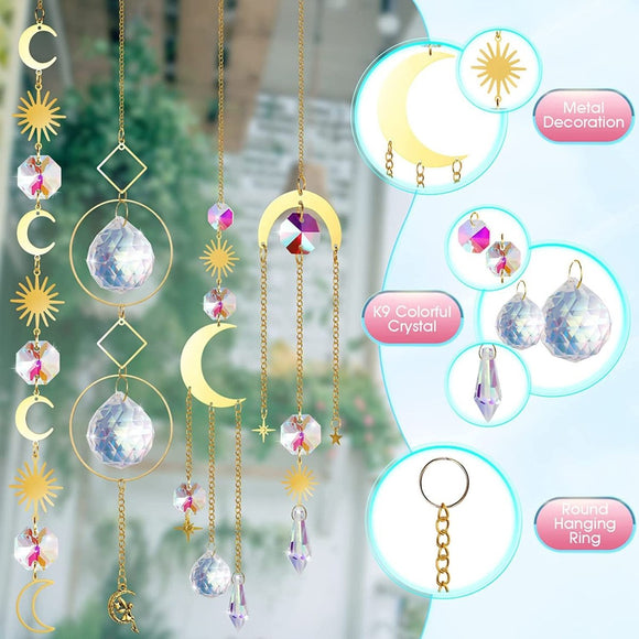 (Style 1) 4 pcs Crystal Wind Chimes - Sun Catcher Star Moon Dream Catcher for Window 30cm - RnR Galore