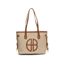 Stylish Large Capacity Tote Bag with PU Leather Trim & Logo Detail(Beige with brown) - RnR Galore