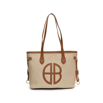 Stylish Large Capacity Tote Bag with PU Leather Trim & Logo Detail(Beige with brown) - RnR Galore