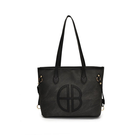 Stylish Large Capacity Tote Bag with PU Leather Trim & Logo Detail(black) - RnR Galore