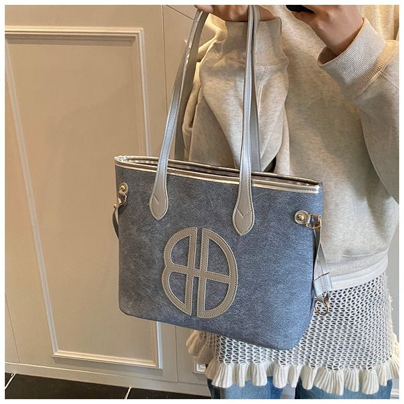 Stylish Large Capacity Tote Bag with PU Leather Trim & Logo Detail(Blue with black) - RnR Galore