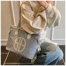 Stylish Large Capacity Tote Bag with PU Leather Trim & Logo Detail(Blue with Silver) - RnR Galore